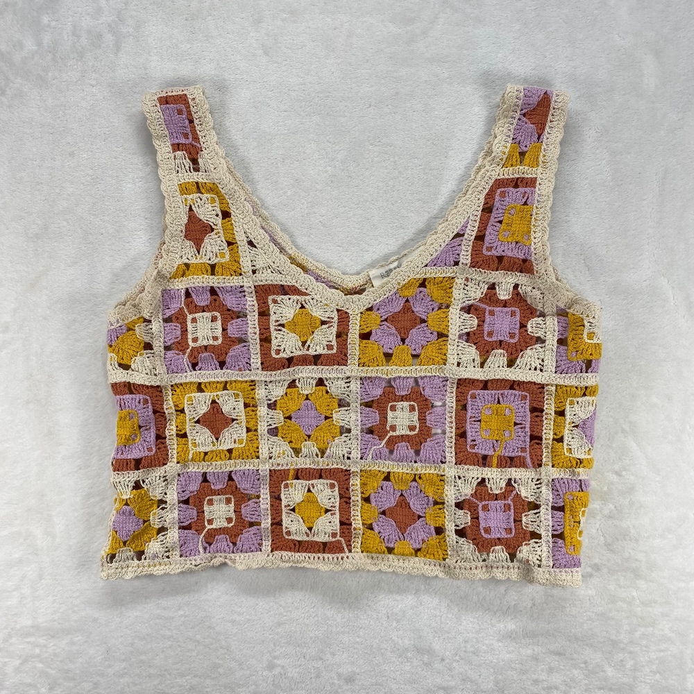Rebellion Again Crochet Crop Top Granny Square Knit Sleeveless XS‎